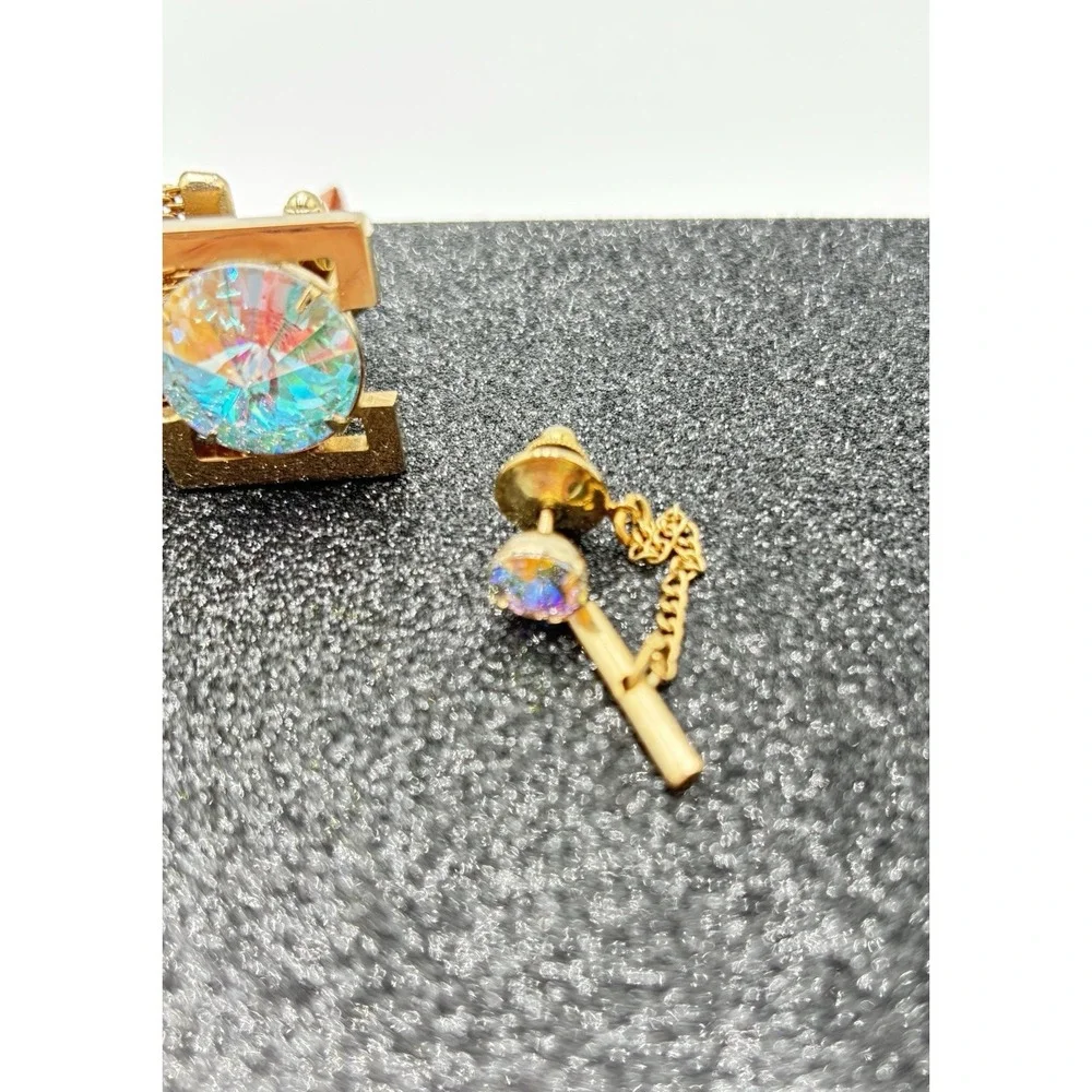 Vintage Cufflinks Tie Tack Set Gold Tone Aurora Borealis‎ Rhinestone Mesh Wrap